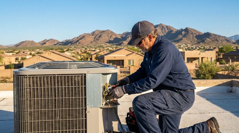 AI-generated image: HVAC technician servicing a rooftop unit