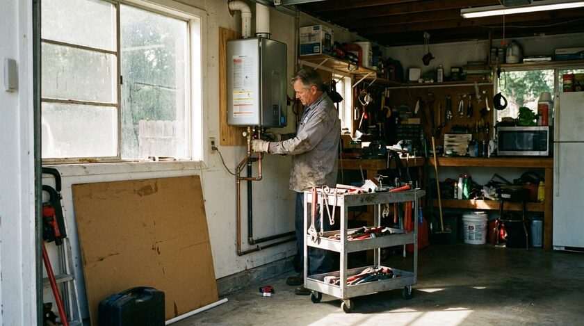 AI-generated image: Plumber installing a tankless water heater
