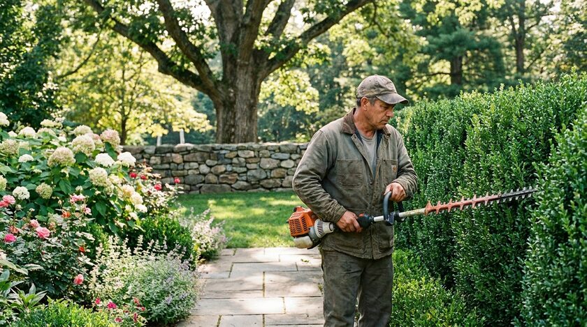 AI-generated image: Landscaper trimming a hedge